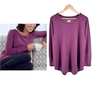 Chaser Waffle Knit Thermal Top Size XL Berry Plum Long Sleeve Button Cuffs